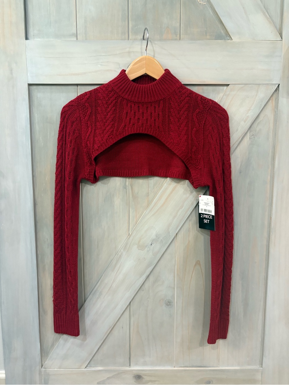 Crimson Red Cable-Knit Layered Mock-Neck Sweater Set - Picture 3 of 7